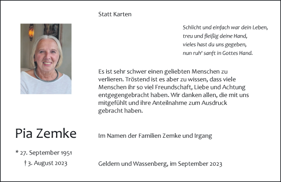 Traueranzeige von Pia Zemke von NNA