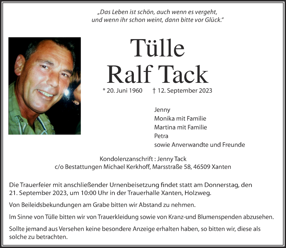  Traueranzeige für Ralf Tack vom 16.09.2023 aus NNA