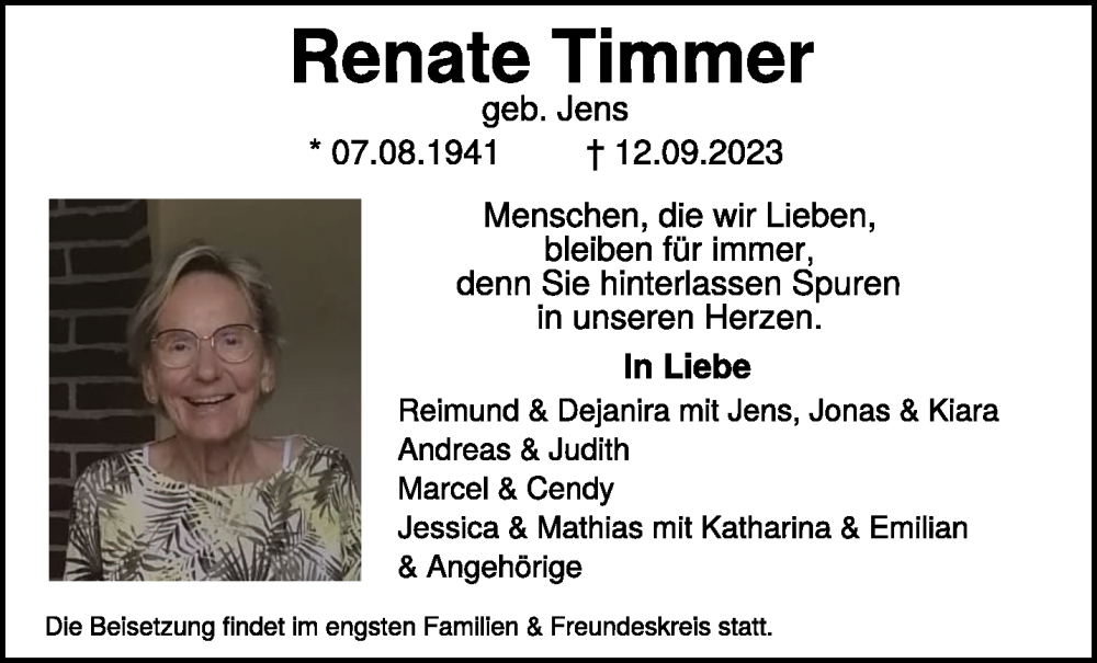  Traueranzeige für Renate Timmer vom 16.09.2023 aus NNA