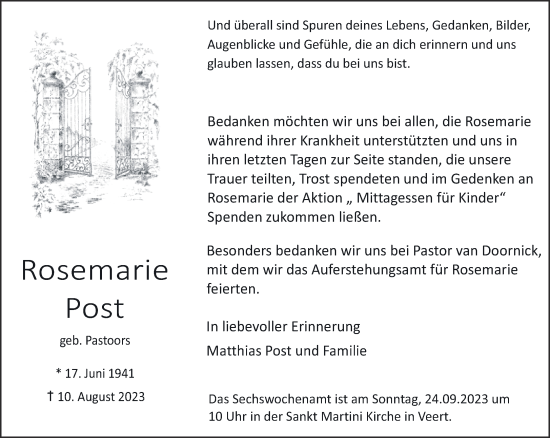 Traueranzeige von Rosemarie Post von NNA