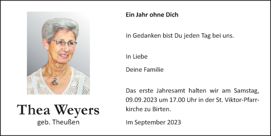 Traueranzeige von Thea Weyers von NNA