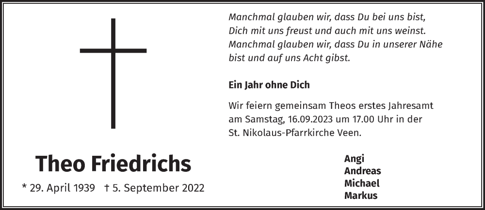  Traueranzeige für Theo Friedrichs vom 13.09.2023 aus NNA