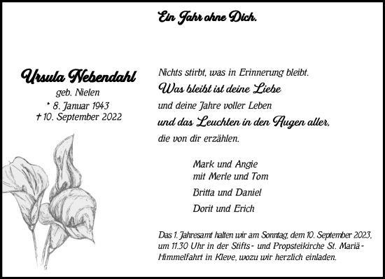 Traueranzeige von Ursula Nebendahl von NNA