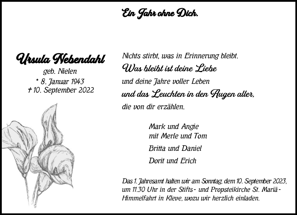  Traueranzeige für Ursula Nebendahl vom 02.09.2023 aus NNA