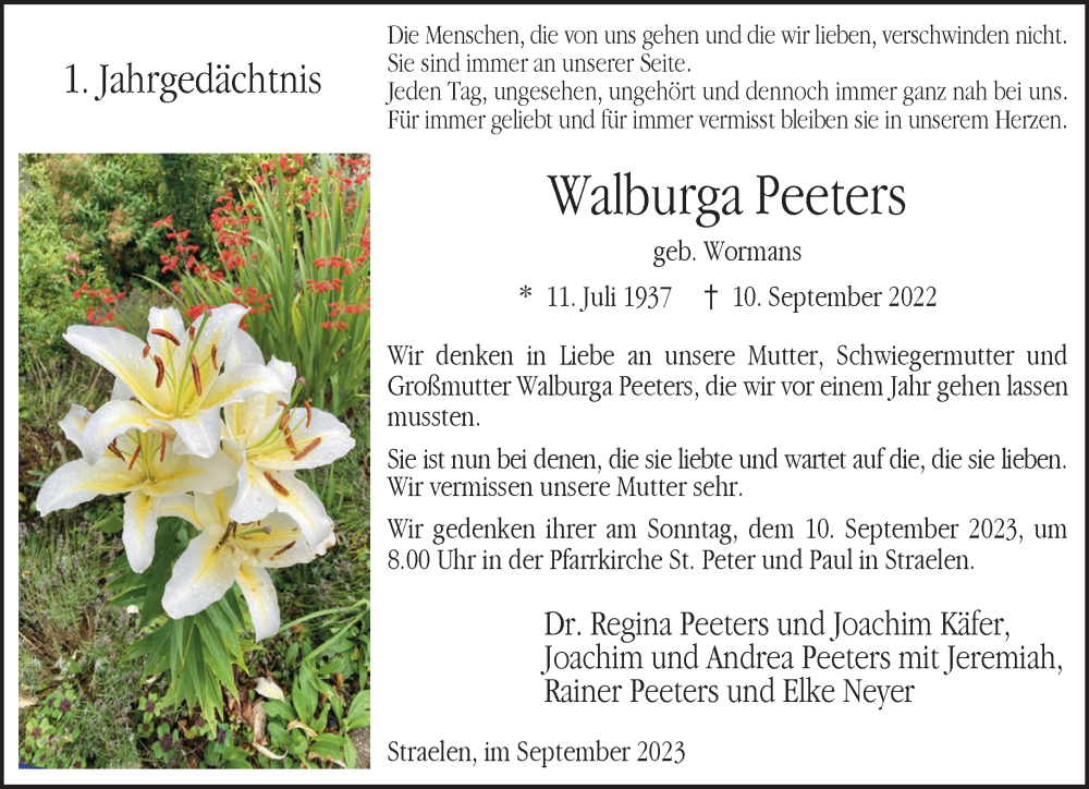  Traueranzeige für Walburga Peeters vom 09.09.2023 aus NNA