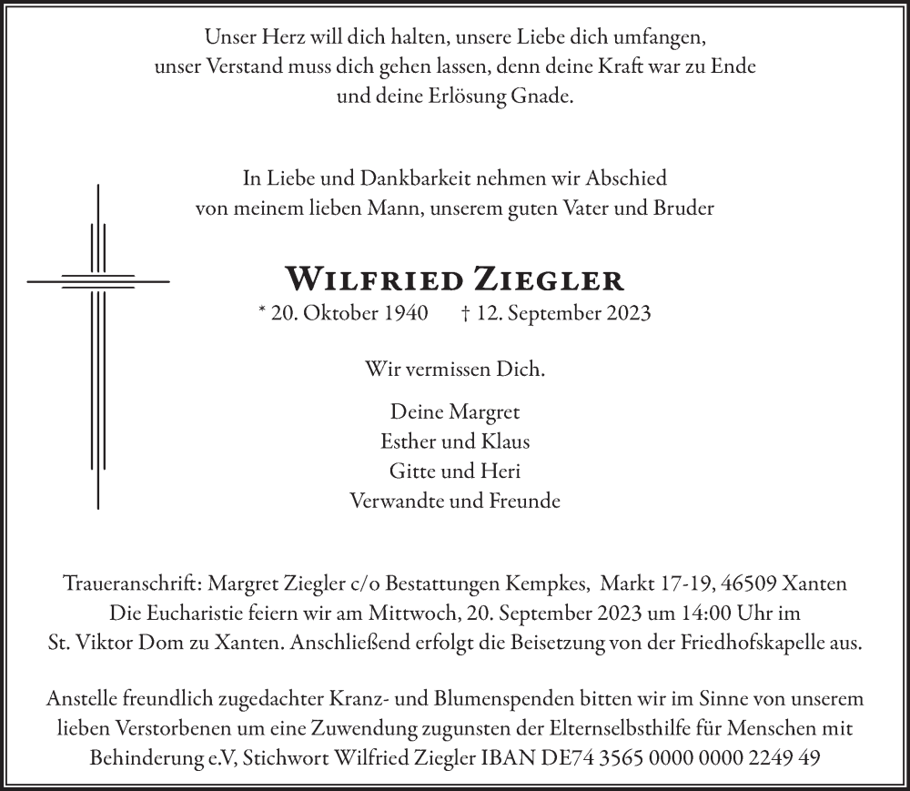  Traueranzeige für Wilfried Ziegler vom 16.09.2023 aus NNA