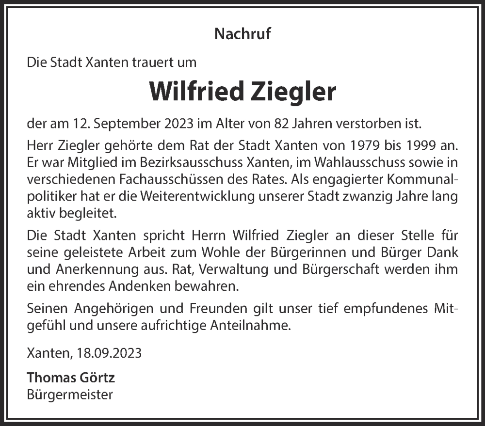  Traueranzeige für Wilfried Ziegler vom 20.09.2023 aus NNA