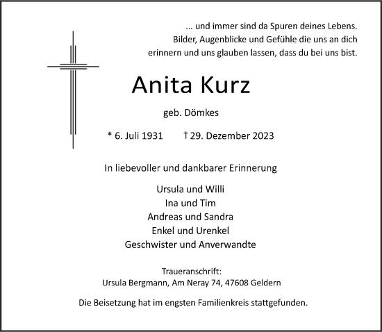 Traueranzeige von Anita Kurz von NNA