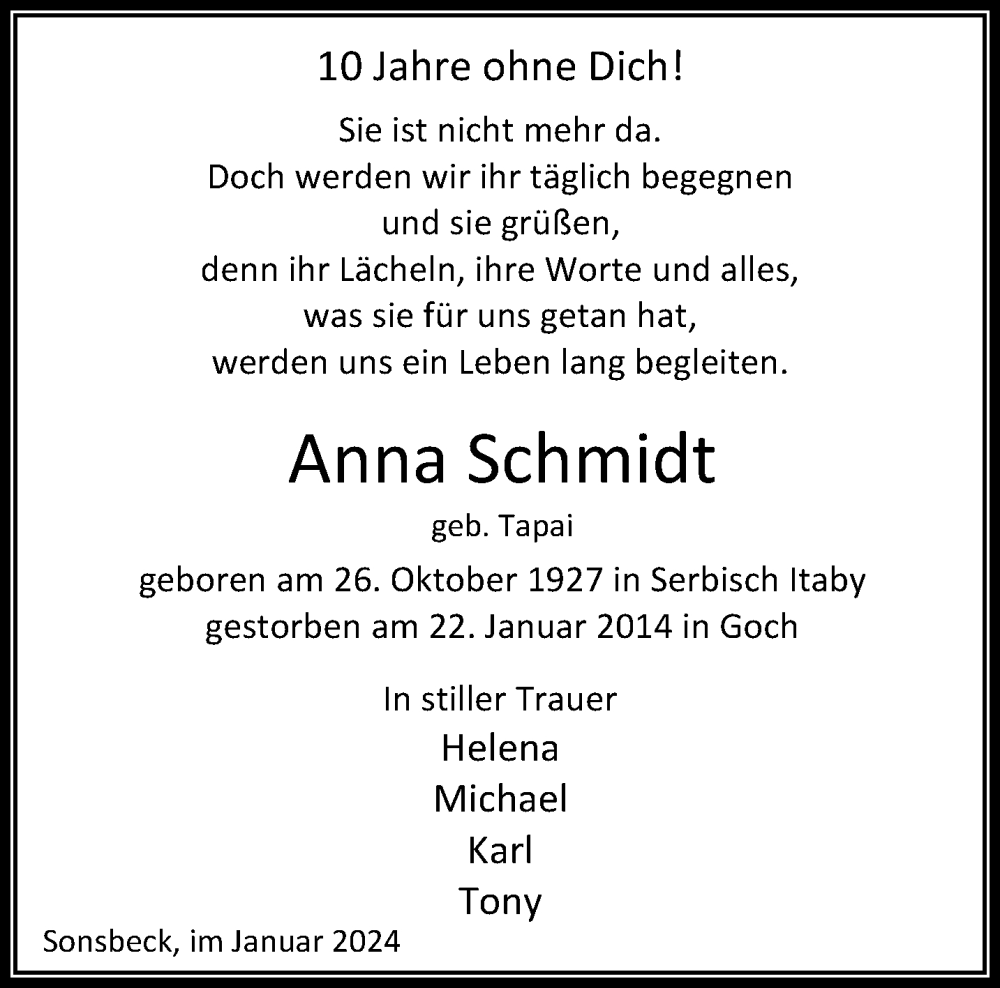  Traueranzeige für Anna Schmidt vom 20.01.2024 aus NNA