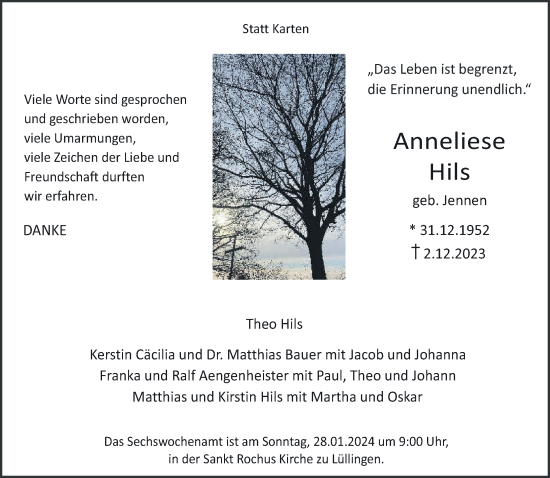 Traueranzeige von Anneliese Hils von NNA