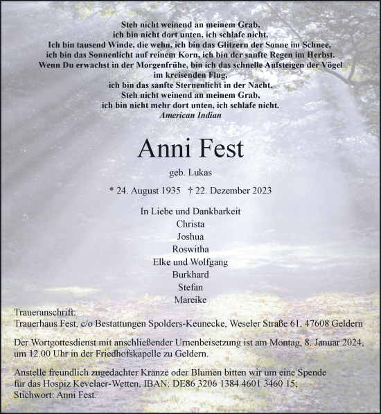 Traueranzeige von Anni Fest von NNA