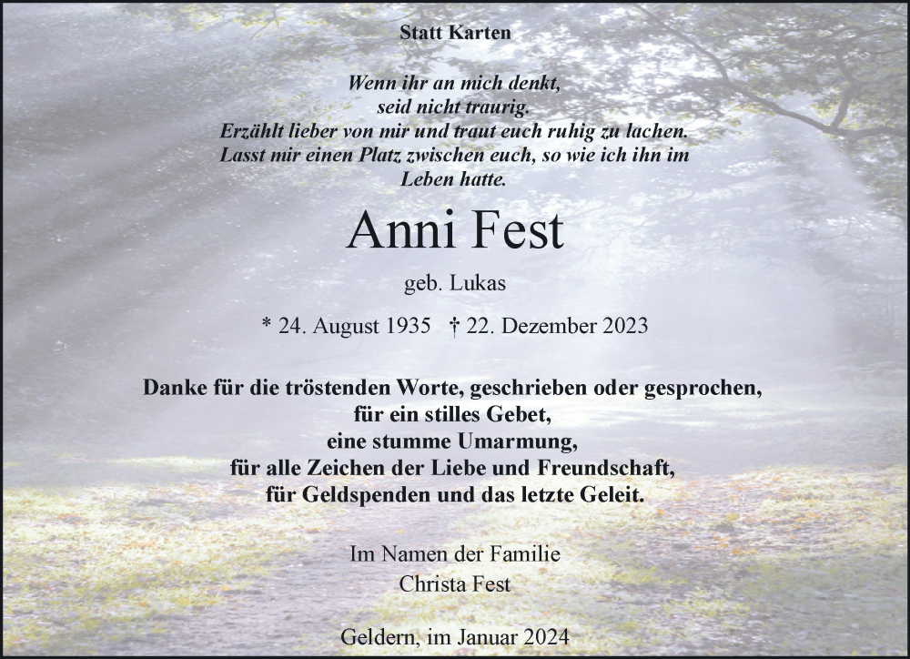  Traueranzeige für Anni Fest vom 27.01.2024 aus NNA