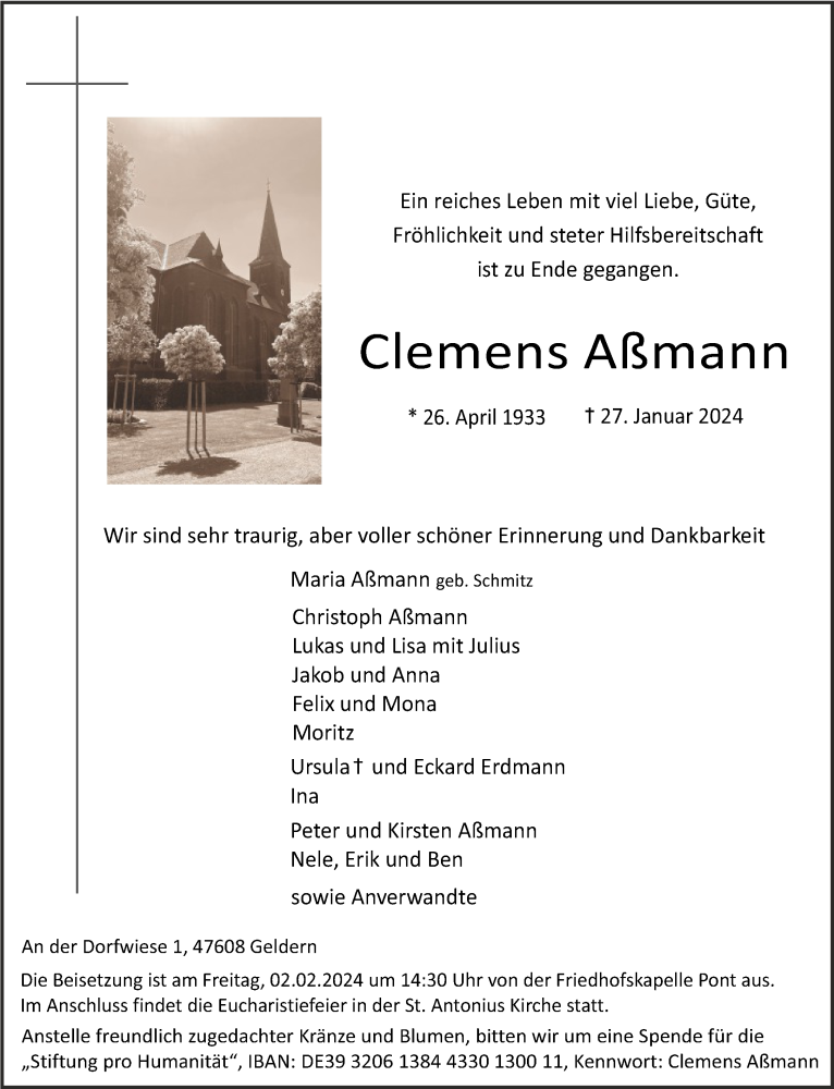  Traueranzeige für Clemens Aßmann vom 31.01.2024 aus NNA