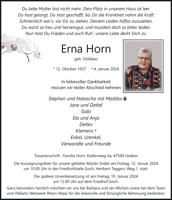 Traueranzeige von Erna Horn von NNA