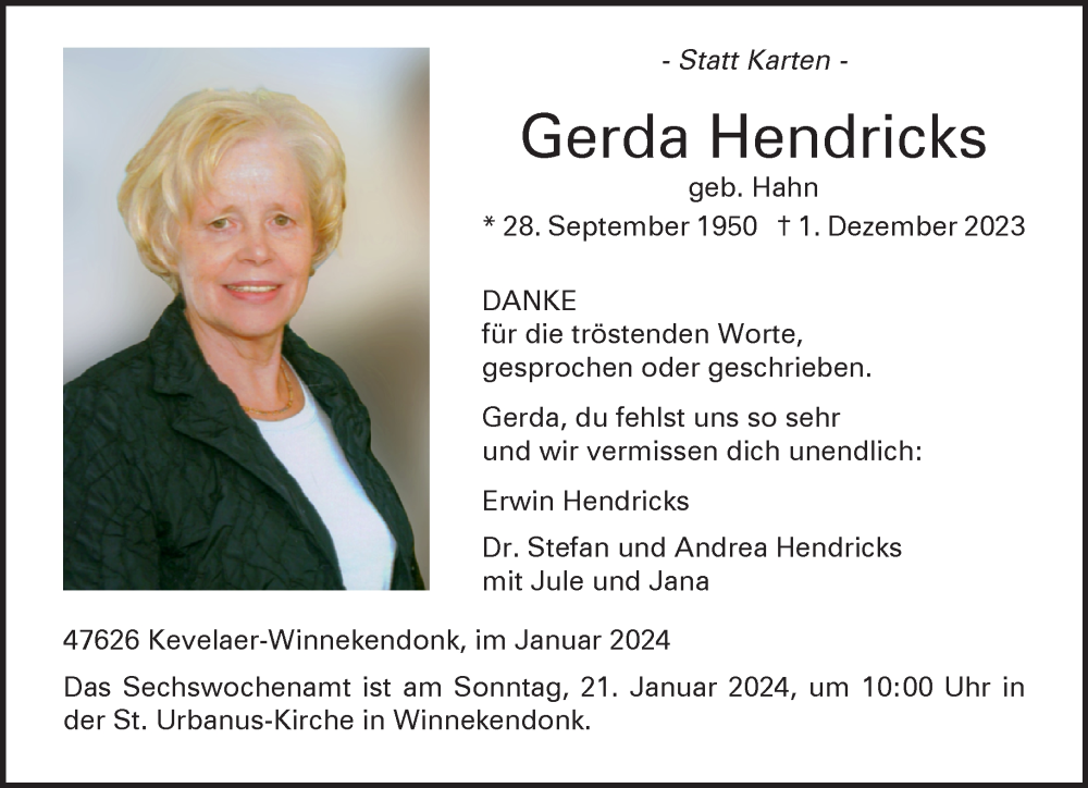  Traueranzeige für Gerda Hendricks vom 13.01.2024 aus NNA