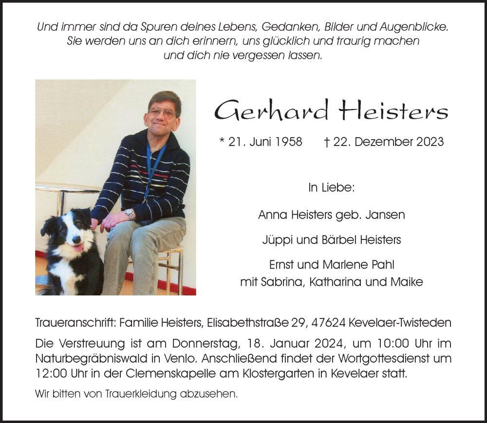  Traueranzeige für Gerhard Heisters vom 13.01.2024 aus NNA