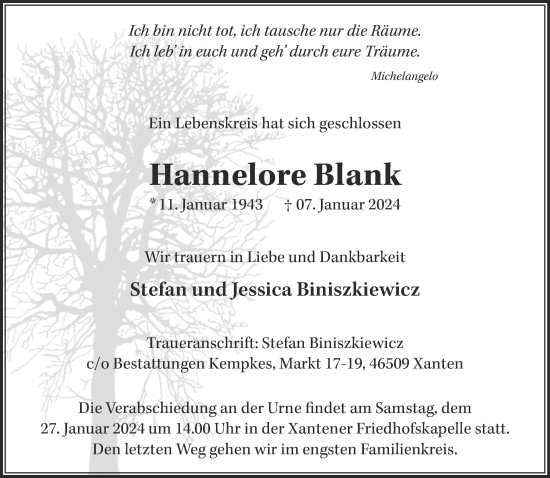 Traueranzeige von Hannelore Blank von NNA