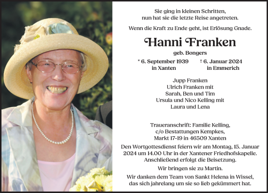 Traueranzeige von Hanni Franken von NNA