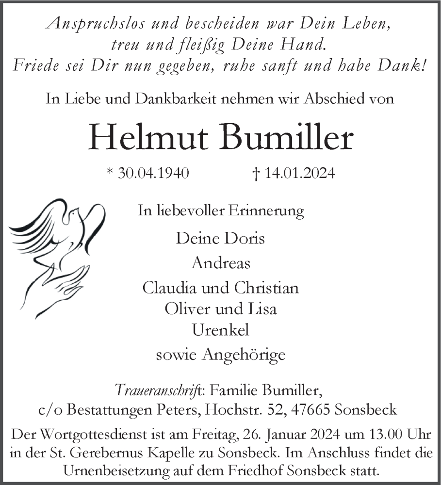  Traueranzeige für Helmut Bumiller vom 20.01.2024 aus NNA