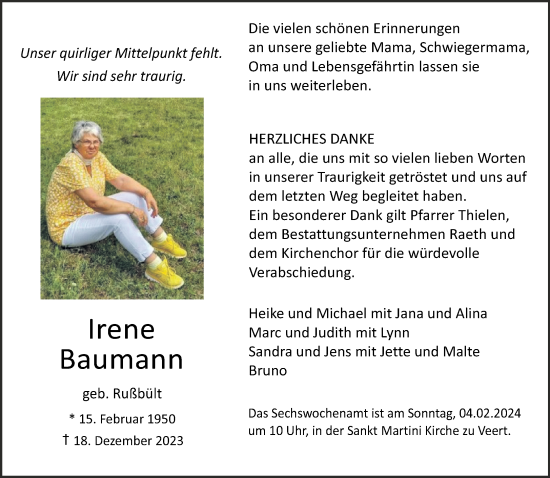 Traueranzeige von Irene Baumann von NNA