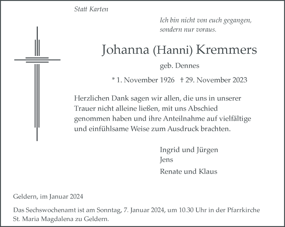  Traueranzeige für Johanna Kremmers vom 06.01.2024 aus NNA