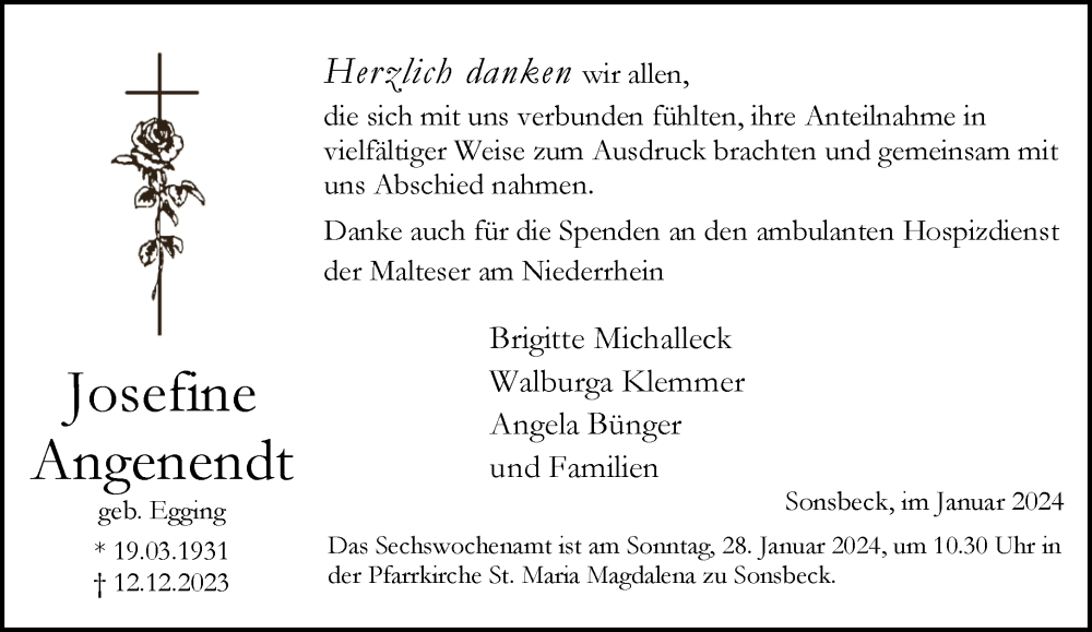  Traueranzeige für Josefine Angenendt vom 24.01.2024 aus NNA