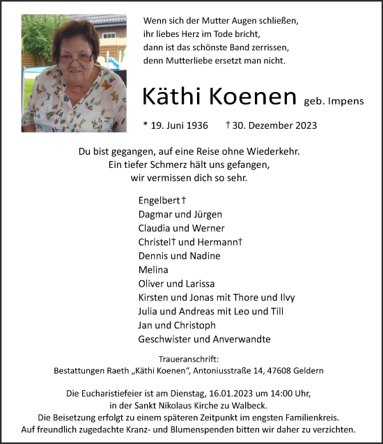 Traueranzeige von Käthi Koenen von NNA