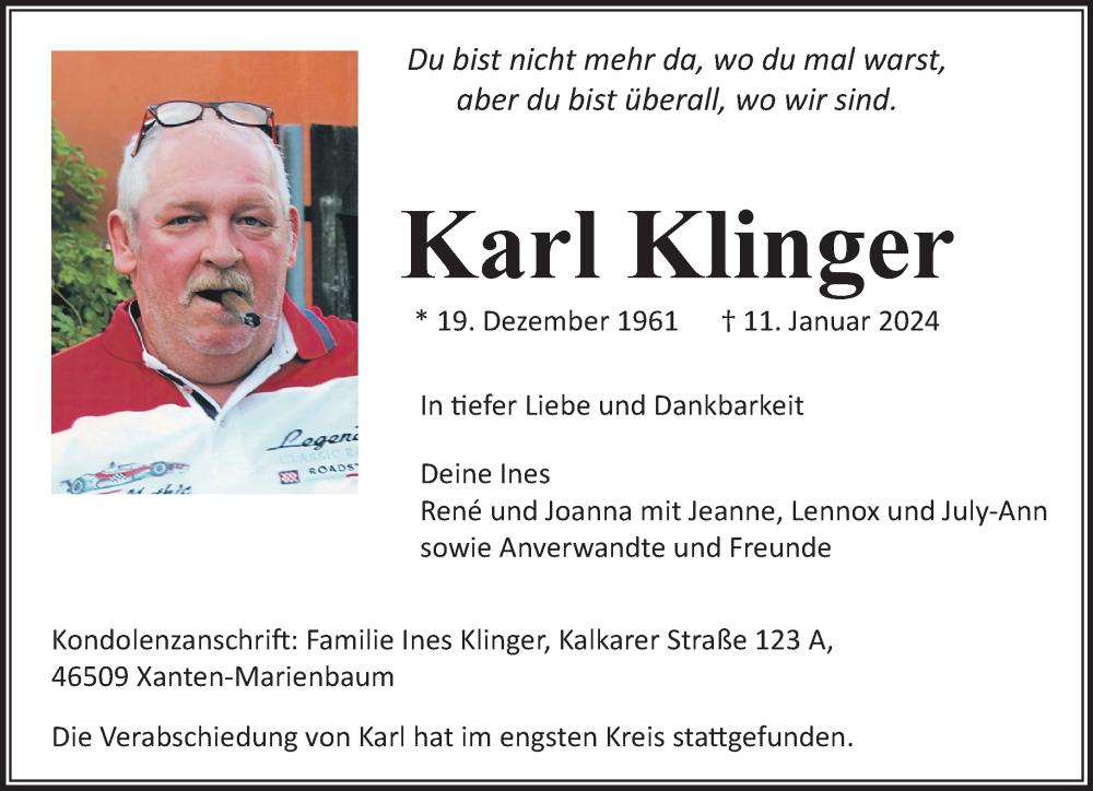  Traueranzeige für Karl Klinger vom 31.01.2024 aus NNA