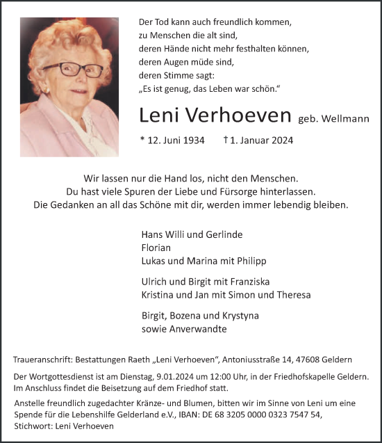 Traueranzeige von Leni Verhoeven von NNA