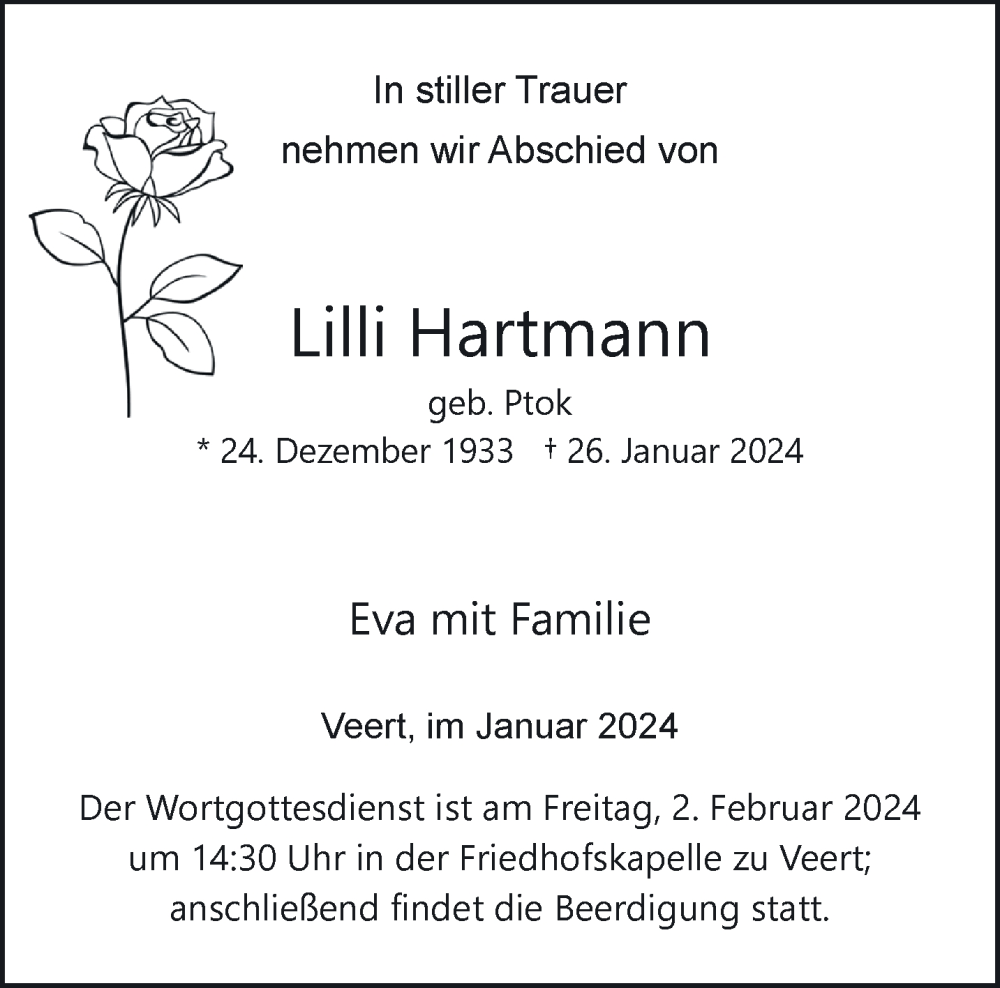  Traueranzeige für Lilli Hartmann vom 31.01.2024 aus NNA