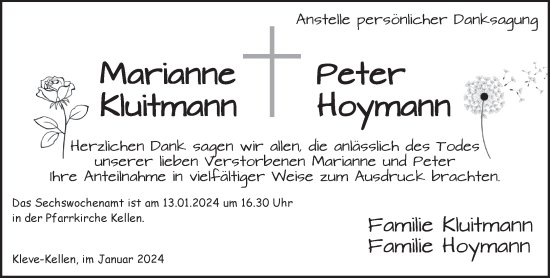 Traueranzeige von Marianne und Peter Kluitmann und Hoymann von NNA