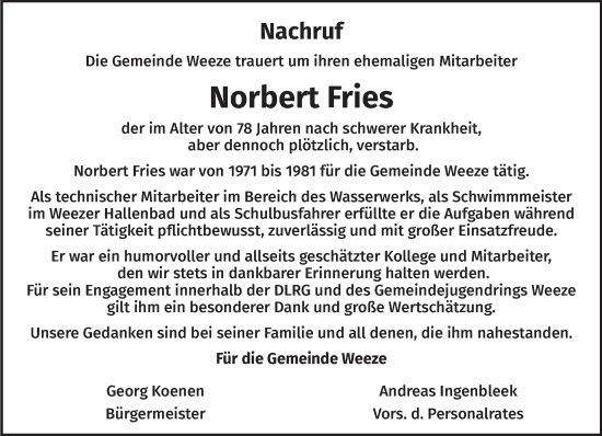 Traueranzeige von Norbert Fries von NNA