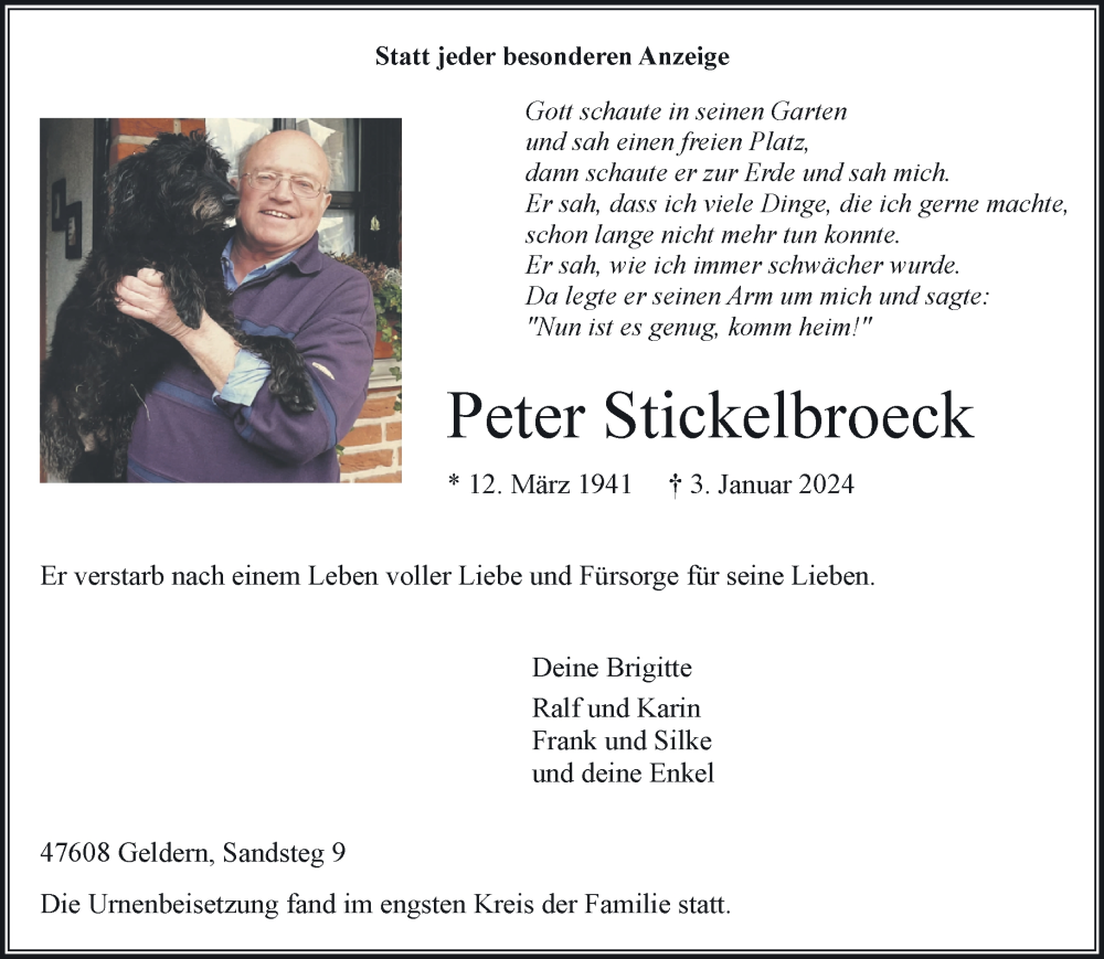  Traueranzeige für Peter Stickelbroeck vom 20.01.2024 aus NNA