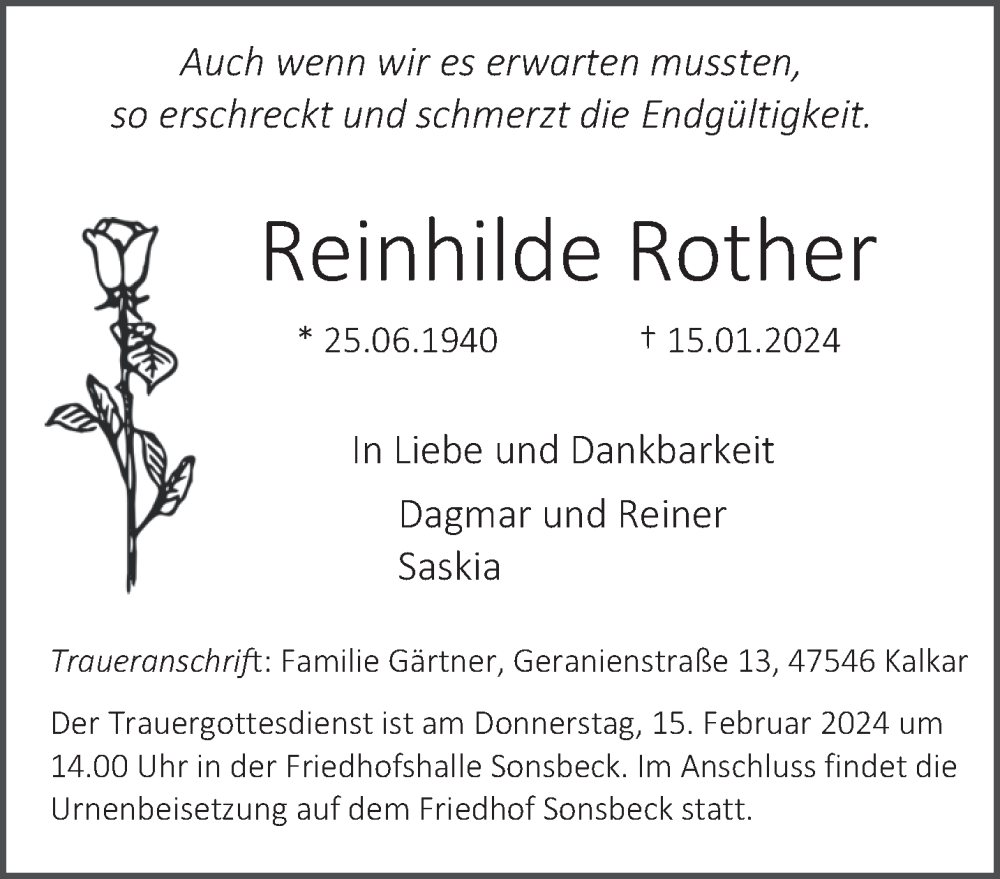  Traueranzeige für Reinhilde Rother vom 27.01.2024 aus NNA