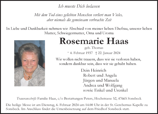 Traueranzeige von Rosemarie Haas von NNA