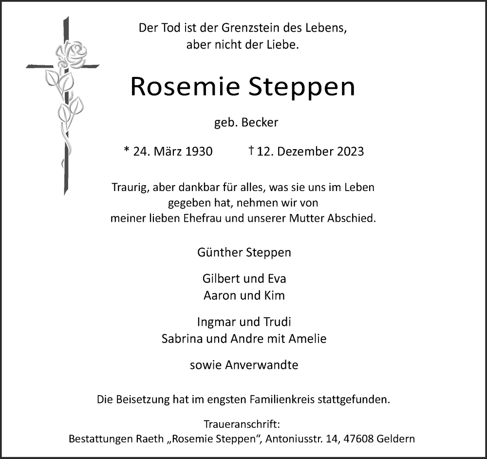  Traueranzeige für Rosemie Steppen vom 06.01.2024 aus NNA