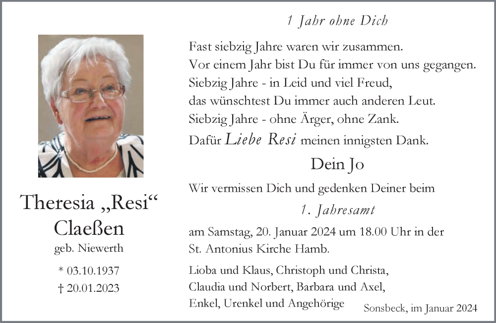  Traueranzeige für Theresia Claeßen vom 17.01.2024 aus NNA