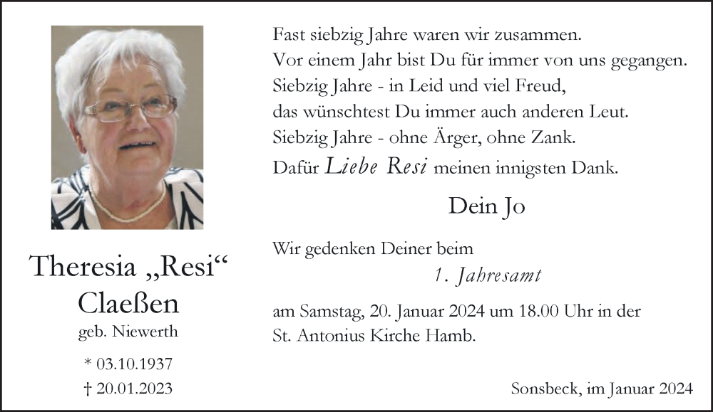  Traueranzeige für Theresia Claeßen vom 13.01.2024 aus NNA