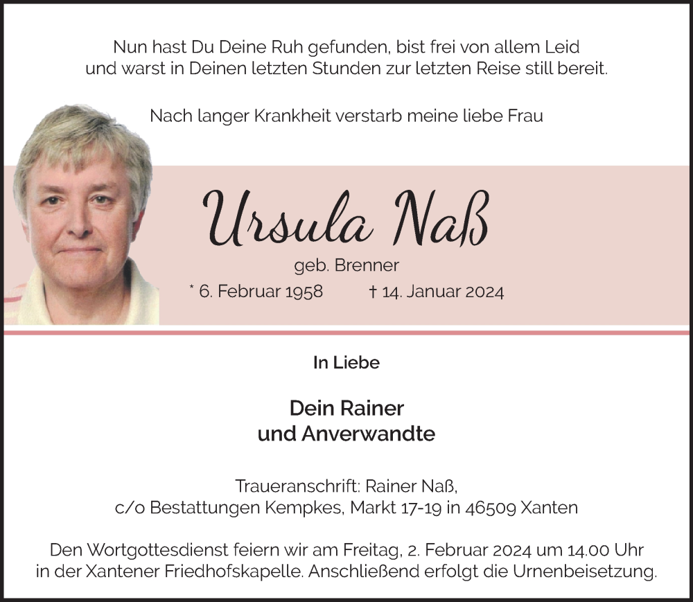  Traueranzeige für Ursula Naß vom 27.01.2024 aus NNA