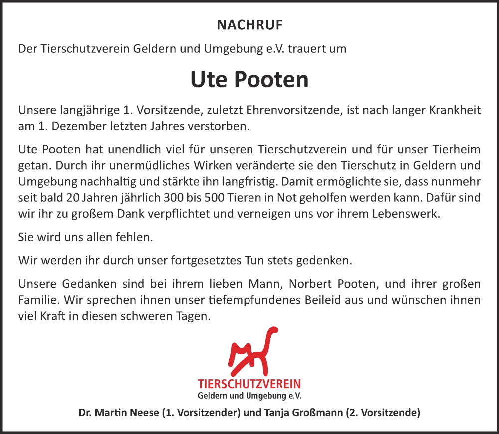  Traueranzeige für Ute Pooten vom 17.01.2024 aus NNA