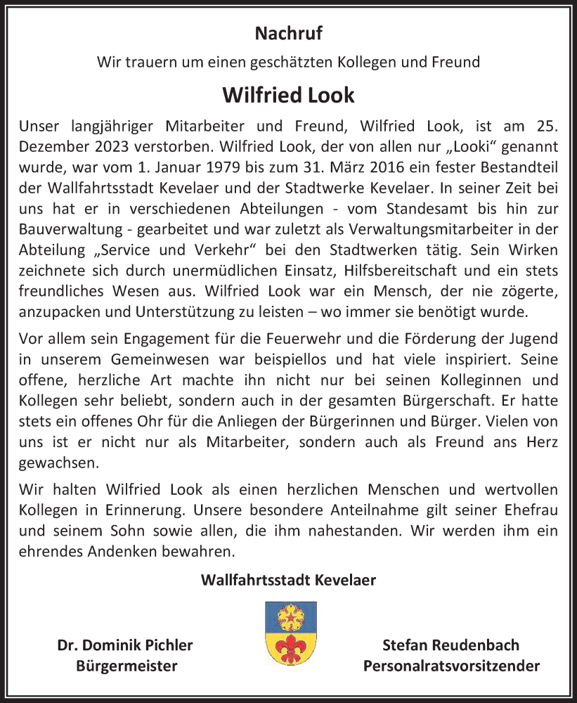  Traueranzeige für Wilfried Look vom 13.01.2024 aus NNA