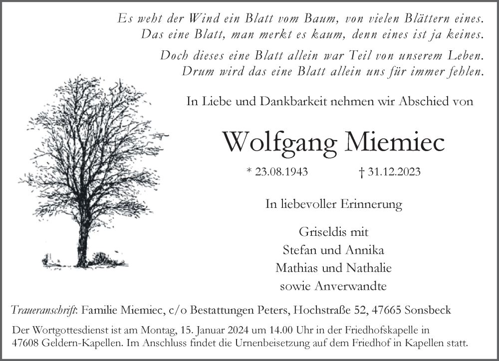  Traueranzeige für Wolfgang Miemiec vom 06.01.2024 aus NNA