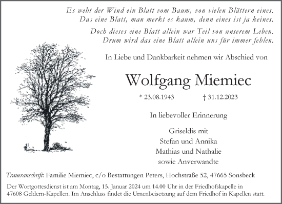 Traueranzeige von Wolfgang Miemiec von NNA