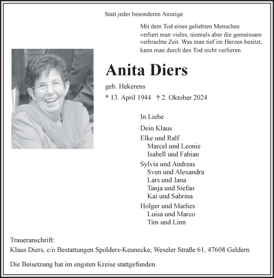 Traueranzeige von Anita Diers von NNA