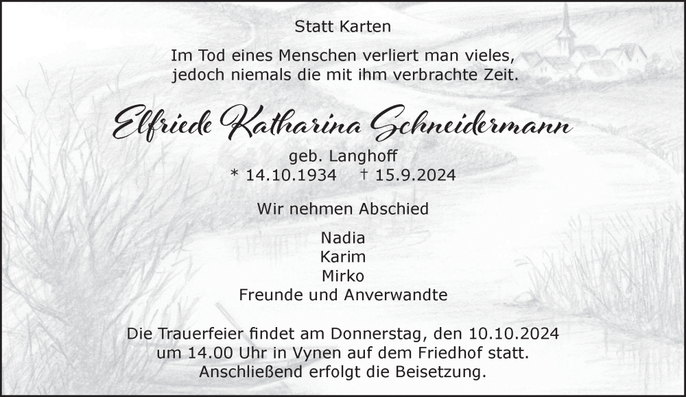  Traueranzeige für Elfriede Schneidermann vom 05.10.2024 aus NNA
