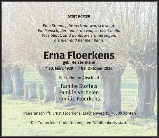 Traueranzeige von Erna Floerkens von NNA