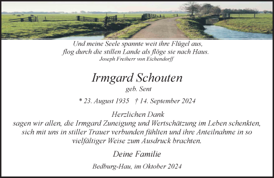 Traueranzeige von Irmgard Schouten von NNA
