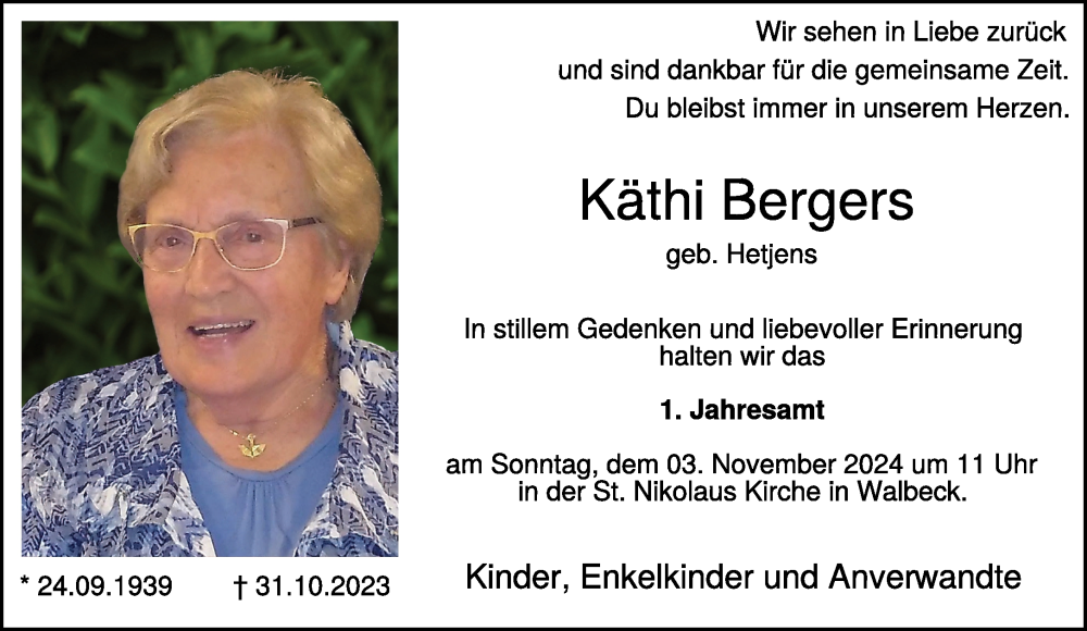  Traueranzeige für Käthi Bergers vom 26.10.2024 aus NNA