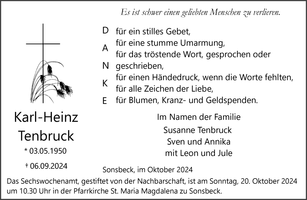  Traueranzeige für Karl-Heinz Tenbruck vom 12.10.2024 aus NNA