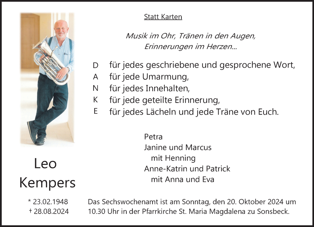  Traueranzeige für Leo Kempers vom 12.10.2024 aus NNA